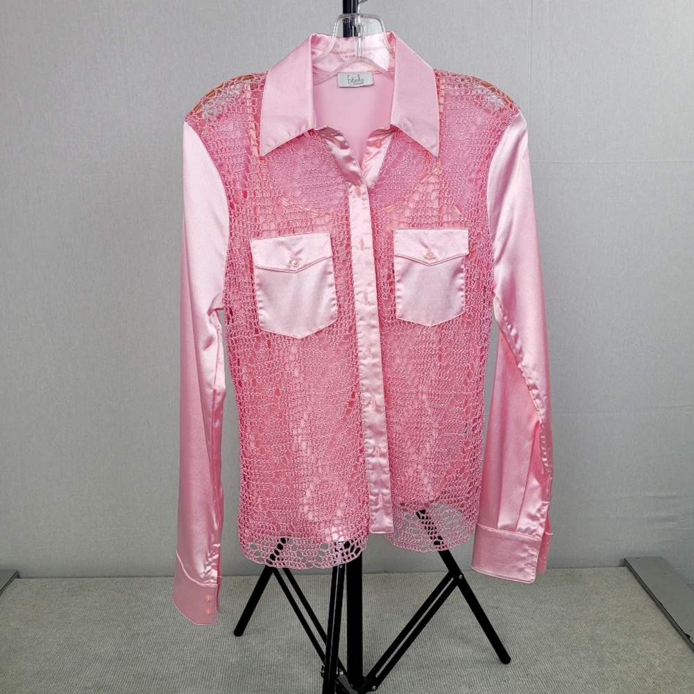 FItelle Paris pink open mesh and satin top with Q&A pink tank top large.